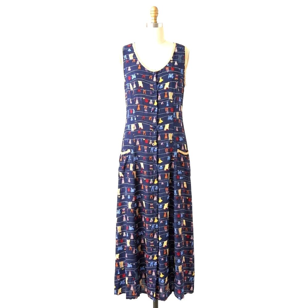 Vintage 90s RJ Stevens by Carol Escritor Clothesline Novelty Retro Maxi Dress L